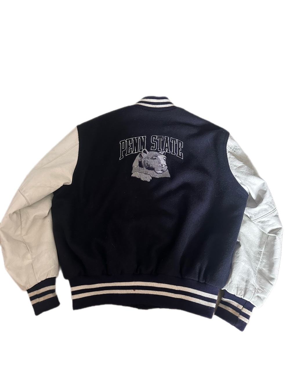 Vintage leather Holloway Penn State Navy and White Varsity Jacket